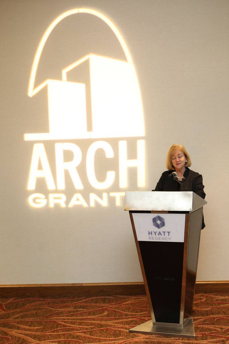 A woman talking at the Arch Grant event